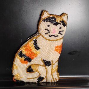 vintage orange calico cat beaded change purse with zipper closure circa 1980s